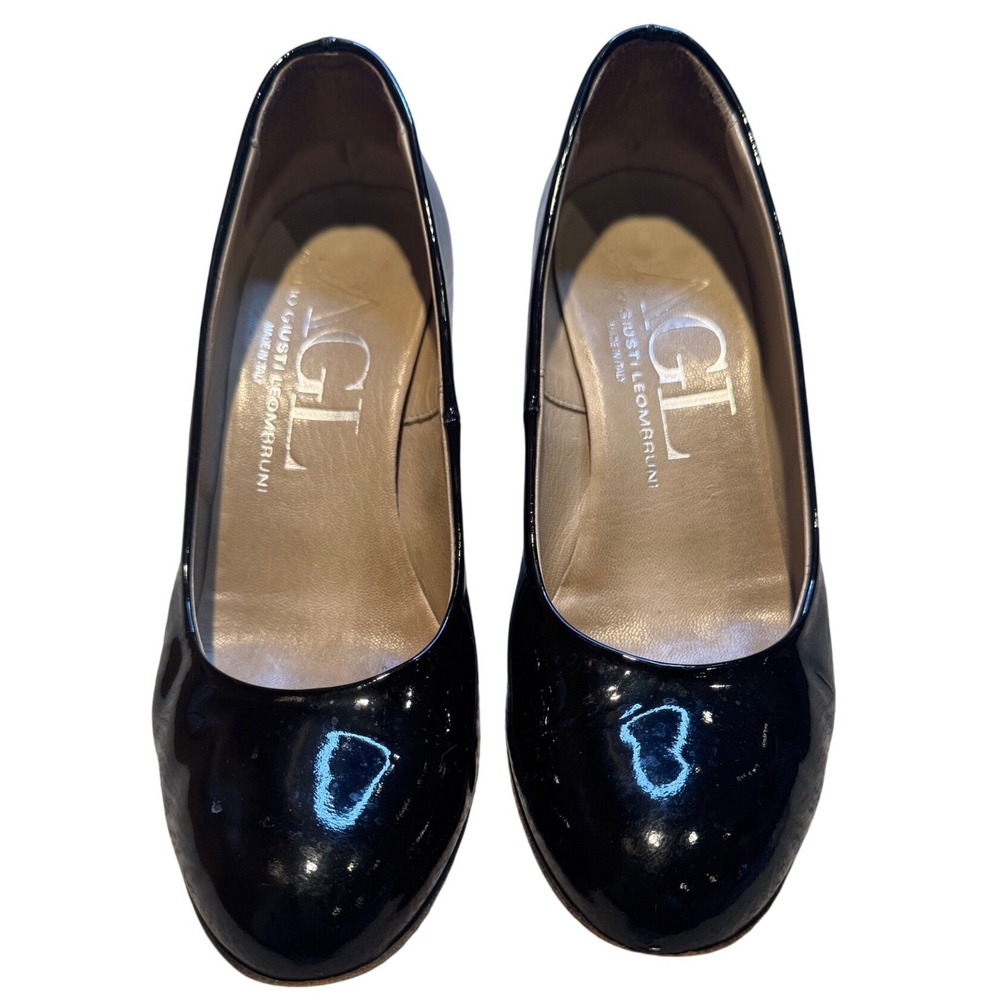 AGL Attilio Giusti Leombruni Black Patent Leather Block Heel Pumps Size 36.5